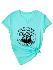 Detail of mint green V-neck T-shirt with hiking society print and front knot styling
