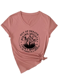 Detail of V-neck hiking society t-shirt featuring front knot and mountain graphic print
