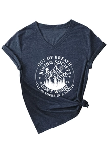 Close-up of Out of Breath Hiking Society logo on grey V-neck slim fit short sleeve t-shirt