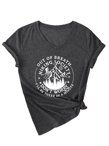 Detail view of V-neck dark grey hiking t-shirt with mountain print and tied hem design