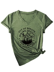 Detail of V-neck grey hiking t-shirt with front print and stylish hem knot design