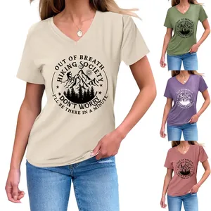 Women V Neck Short Sleeve T-Shirt Cotton Polyester Blend Hiking Graphic Print Casual Outdoor Leisure Summer Tee