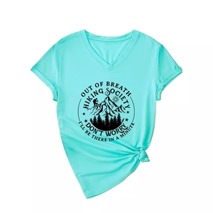 Women's V-neck hiking society T-shirt in light blue with knotted hem and mountain graphic