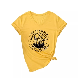 Women's yellow V-neck T-shirt with hiking society print and stylish front knot detail