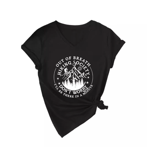 Women's V-neck black cotton t-shirt with Out of Breath Hiking Society graphic print