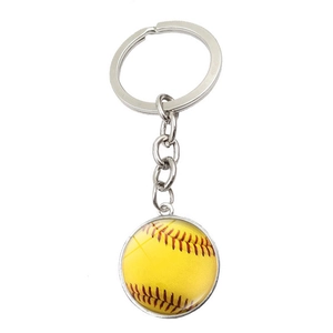 Sportlicher Gelber Softball Schlüsselanhänger mit Glaskuppel und roten Nähten