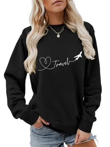 Detail of travel airplane print on a black long sleeve casual sweatshirt for women