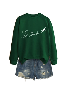 Detail of green Travel sweatshirt fabric and aircraft print with denim shorts