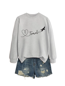 Close-up of gray long sleeve Travel sweatshirt with heart airplane print and denim shorts