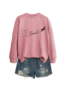 Pink Travel plane print sweatshirt with distressed denim shorts for casual style