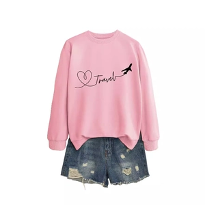 Pink long sleeve sweatshirt with travel airplane print and ripped denim shorts set