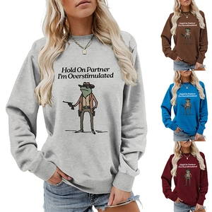 Detail of Hold On Partner sweatshirt showing cowboy frog graphic and soft cotton fabric