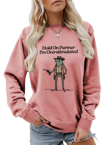 Detail of cartoon frog cowboy print and humorous slogan on dusty pink sweatshirt