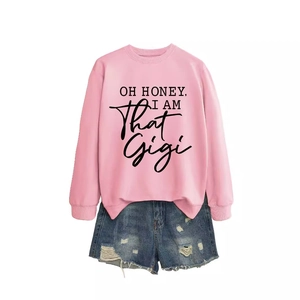 Pink crewneck sweatshirt with Gigi text print and ripped denim shorts outfit set