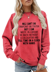 Detail of red crewneck sweatshirt featuring bold black letter print and dropped shoulders