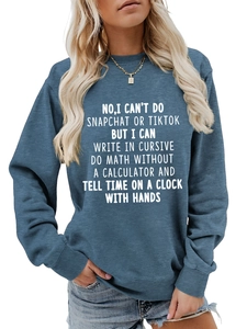 Close-up of white letter print on a blue cotton-blend crewneck sweatshirt
