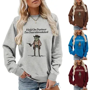 Women Sweatshirt Cotton Blend Long Sleeve Round Neck Cowboy Frog Graphic Print Hold On Partner Overstimulated Funny Top