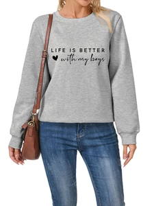 Detail of grey crewneck sweatshirt featuring Life is better with my boys print