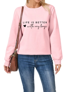 Detail view of pink sweatshirt with Life Is Better With My Boys text and ribbed cuffs