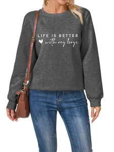 Detail of gray sweatshirt featuring Life is better with my boys letter print and heart