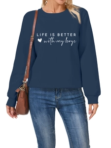 Detail of navy blue sweatshirt featuring Life is better with my boys heart print