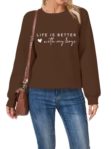 Detail of coffee brown sweatshirt with Life is better with my boys print and heart pattern