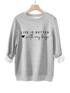 Detail of soft fleece lining and ribbed cuffs on Life is better with my boys sweatshirt