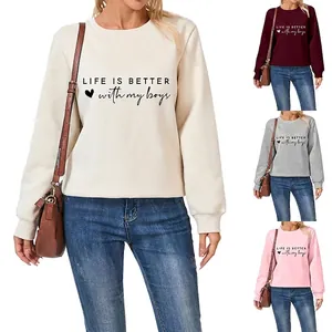 Women Sweatshirt Letter Print Crewneck Long Sleeve Fleece Lined Cotton Blend Loose Fit Casual Life Is Better With My Boys