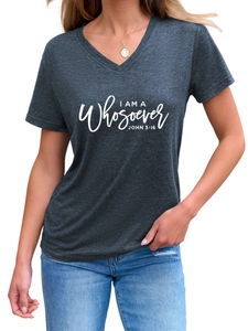 Detail of V-neckline and white John 3:16 text on heather grey slim fit t-shirt