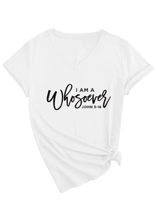 Detailed close-up of white V-neck T-shirt featuring John 3:16 text and knotted hem detail