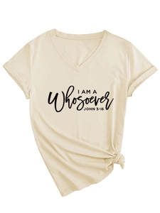 Detail of V-neck apricot t-shirt with rolled sleeves and front knot featuring John 3:16 text