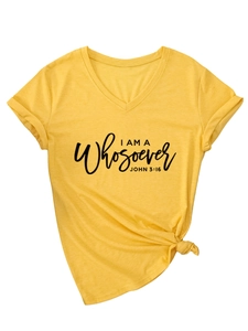 Detail of yellow V-neck t-shirt with John 3:16 graphic print and side knot hem