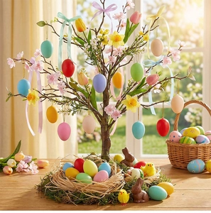 Detailed Easter tree centerpiece with pastel eggs, ribbons, floral branches and rabbit decor