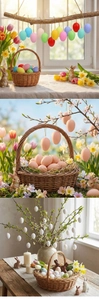 Detail of colorful Easter decorative eggs with golden hanging loops for festive indoor decor