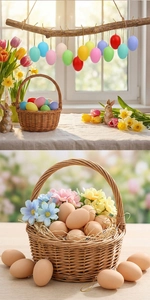 Close-up of Easter eggs with golden cords in a woven basket with spring flowers and bunnies