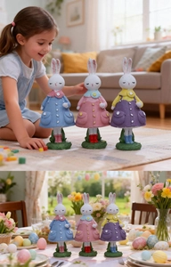 Trois mignonnes figurines de lapin de Pâques en résine avec robes à boutons en décor