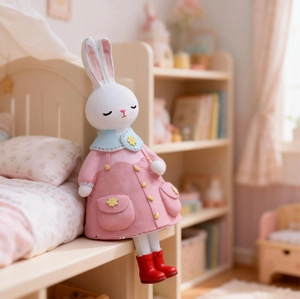 Détail d'une figurine de lapin de Pâques miniature en robe rose et bottes rouges de déco