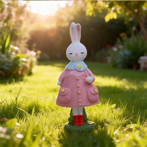 Détail d'une statuette de lapin de Pâques en résine avec manteau rose et bottes rouges