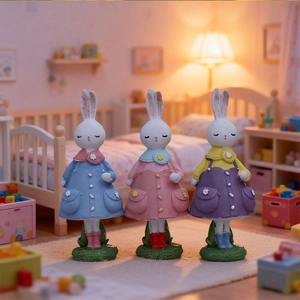 Trois figurines de lapins de Pâques en résine colorée dans un décor de chambre miniature