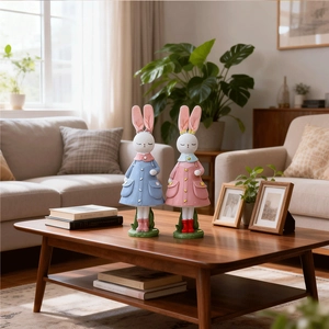 Dettaglio di graziose statuette di conigli in resina blu e rosa su un tavolo in legno decor