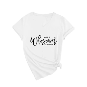 White V-neck short sleeve T-shirt with black John 3:16 graphic and side knot detail