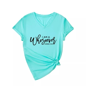 Mint green women's V-neck T-shirt with 'John 3:16' graphic and trendy front knot detail