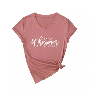 Dusty pink V-neck T-shirt with John 3:16 text and side knot detail for women