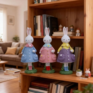Three Easter bunny figurines in colorful dresses on green bases for home shelf decor