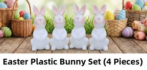 Set of 4 cute white plastic Easter bunny figurines on a wooden surface with egg basket