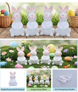 Detail view of 4pcs white Easter bunny figurines with pink blush and festive decor