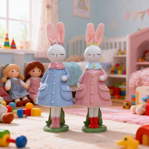 Coppia di figurine di coniglietti pasquali in resina per decorazione domestica