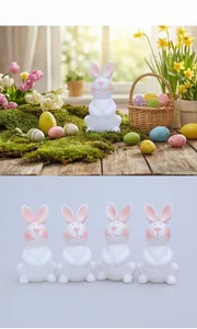 Set of 4 cute white plastic Easter bunny figurines for festive tabletop decoration