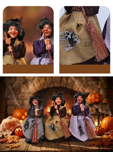 Detailed view of three hanging Halloween witch figurines with rustic fabric dresses and brooms