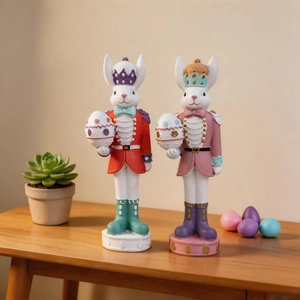 Detailed resin Easter bunny nutcracker soldier figurines with colorful eggs on table
